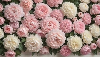 Muted pastel pink roses, peonies & hydrangeas create a vintage floral wall backdrop , tones, pastel
