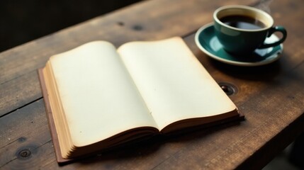 Naklejka premium A Blank Book Lies Open on a Rustic Wooden Table Beside a Cup of Steaming Coffee, Ready for Inspiration and Reflection