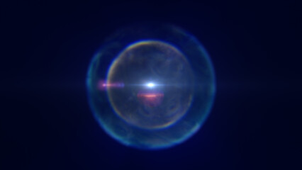 Glowing energy sphere in deep space with vibrant blue halo and lens flare effect
