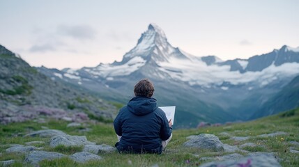 Fototapeta premium A person sits in a mountain meadow sketching