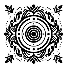 Graphic Black and White Abstract Symmetrical Ornamental Design with Central Circle and Floral Motifs