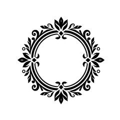 Elegant Black Ornamental Circle Frame with Floral Scrolls and Geometric Accents
