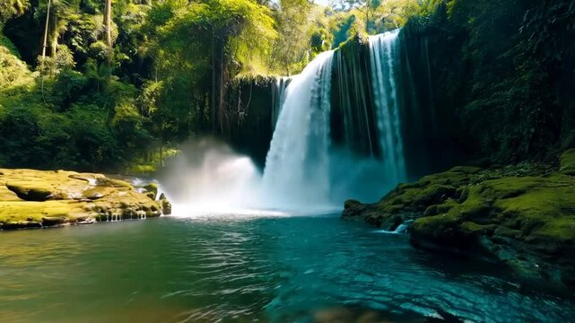 Beautiful waterfall cascading into tropical river with lush green forest surroundings