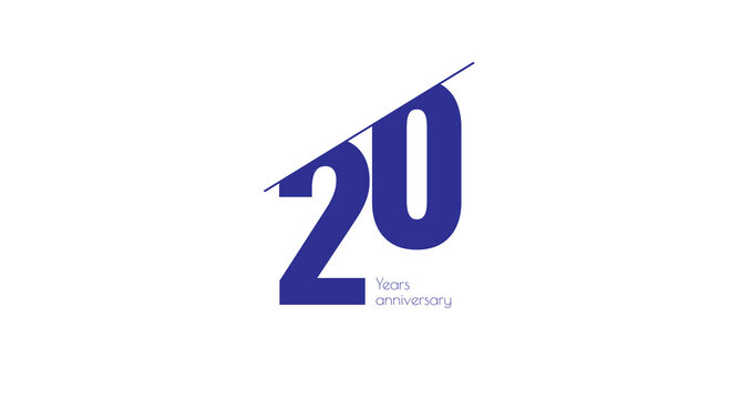 Anniversary Celebration: Bold blue '20' design with a linear accent, commemorating two decades on a clean white background.