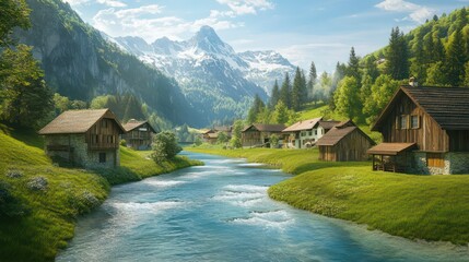 Obraz premium Serene mountain village nestled beside turquoise river