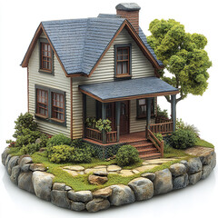 charming model house with detailed exterior, surrounded by greenery and rocks, evokes sense