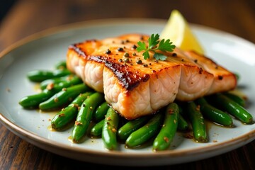 Grilled salmon fillet served on a bed of roasted green beans, food, protein, tasty