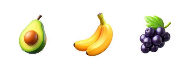 black currant, banana, avocado, set of 3D Icons &ndash; Glossy Minimal Emoji Style, Isolated PNG