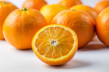 A ripe orange fruit in the centre of the photo with a slice resting on its top, showcasing its freshness and natural beauty. white background. 