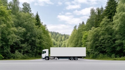 A white delivery truck driving on a paved road through a lush green forest, clear blue sky in the background, and transportation and logistics concept.