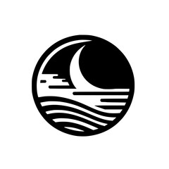 Fototapeta premium Minimalist Crescent Moon and Stylized Waves Logo Icon - Simple Black and White Night Scene Symbol in Circle
