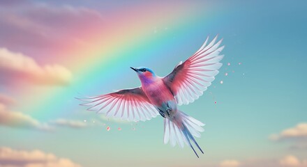 Fototapeta premium Colorful bird flying against rainbow sky in a dreamy illustration