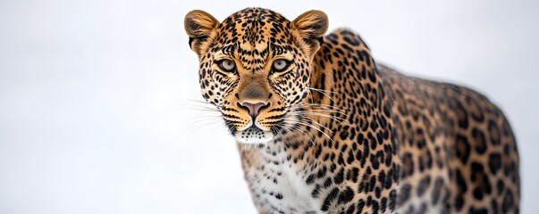 Naklejka premium Leopard stares intently with piercing eyes against a white backdrop