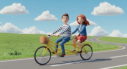 Fototapeta premium Couple riding tandem bicycle outdoors on sunny day with green hill and blue sky