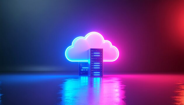 Cloud computing  platform  cost efficiency concept. Neon cloud and server graphic with colorful reflections.