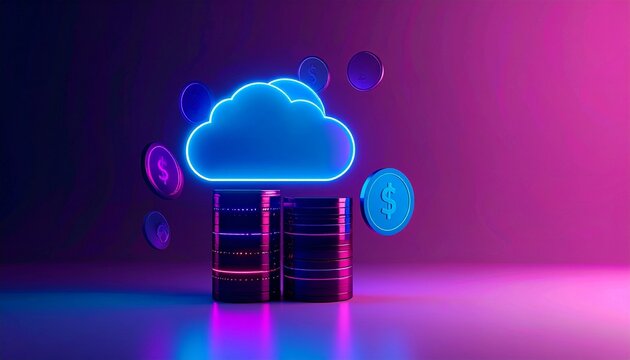 Cloud computing  platform  cost efficiency concept. Digital cloud with coins representing finance and data storage.