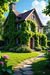 Stone house with ivy-covered facade and garden path , ivy, garden