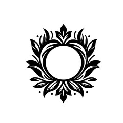 Elegant Ornate Black and White Circular Frame with Stylized Floral Leaves. Classic Decorative Wreath Element for Design Templates, Wedding Invitations, Labels, and Branding.