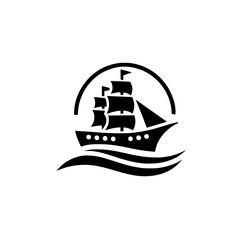 Minimalist Black Sailing Ship Logo Icon on Waves within Circle - Nautical Classic Adventure Graphic Symbol