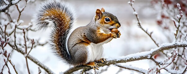 Fototapeta premium Gray squirrel eating a nut on a snowy branch