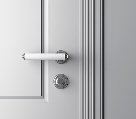 Close-up of a modern door handle and lock on a gray paneled door. Elegant metallic design with soft lighting.