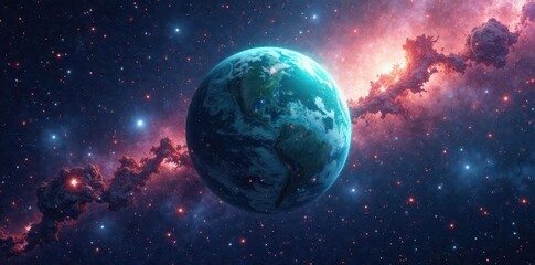 Stunning turquoise planet surrounded by a halo of colorful stars and galaxies, starry night, nebula