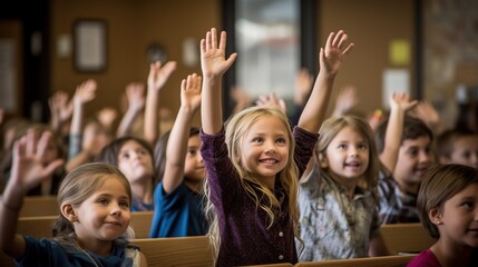 Fototapeta premium Children Raising Hands in Classroom