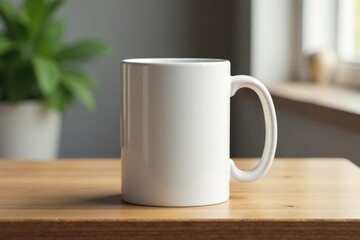 Sublimated design on blank mug sitting alone on a wooden table or shelf, sublimation, mug