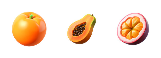 passion fruit, papaya, orange, set of 3D Icons – Glossy Minimal Emoji Style, Isolated PNG
