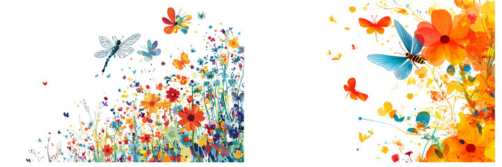 Fototapeta premium Set of a flowers and plants, bees, dragonflies, a simple flat, isolated on transparent background.