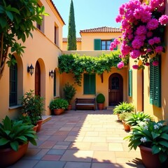 Fototapeta premium Sunlit Mediterranean courtyard with vibrant flowers, courtyards, sunlit