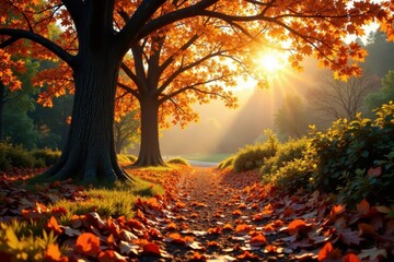 Sunlit oak trees stand tall amidst changing leaves on a forest floor, outdoors, deciduous trees