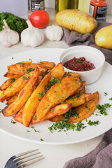 baked potatoes, seasoned with paprika and garlic, topped with fresh parsley and rich tomato sauce an irresistible homemade dish served fresh from the oven..