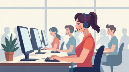 female customer service representative works large call center team staff
