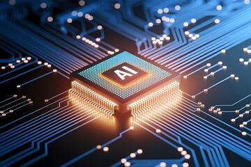 Futuristic Glowing Microchip Circuit Board – Abstract Technology Background Illustration. High-Tech Microprocessor Circuit – Futuristic Digital Hardware with Glowing Connections
