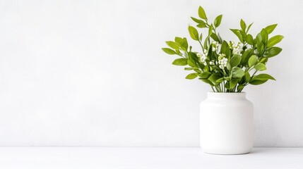 Fototapeta premium A white ceramic vase holding a fresh green floral arrangement on a minimalist white shelf, and bright and clean interior design concept.