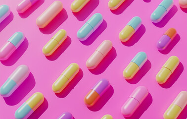 Colorful capsules arranged diagonally on a bright pink background. Eye-catching and playful pharmaceutical concept.