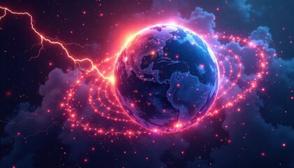 Swirling plasma sphere surrounded by vibrant lightning bolt clusters, lightning bolts, neon lights