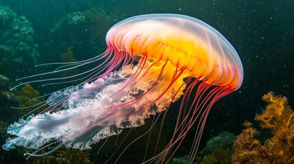 Naklejka premium Orange Pink Jellyfish Underwater Coral Reef