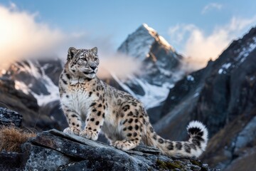 Fototapeta premium Snow Leopard Wildlife Nature Mountain Habitat Atmospheric Light Outdoors