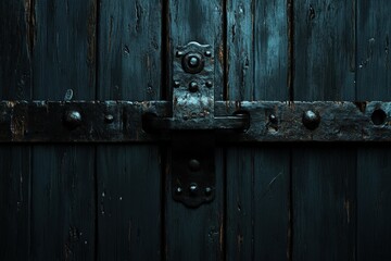 Close-up view of a weathered dark wooden door with a metal latch.