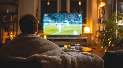 Obraz premium Cozy evening at home with a person watching a football match on TV, surrounded by warm lighting