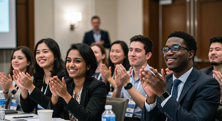 Business people clapping at conference applauding speaker giving presentation