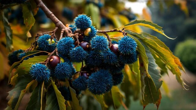 Spiky blue seed pods and brown nuts hanging from a tree branch with green and yellow leaves, showcasing autumnal colors.