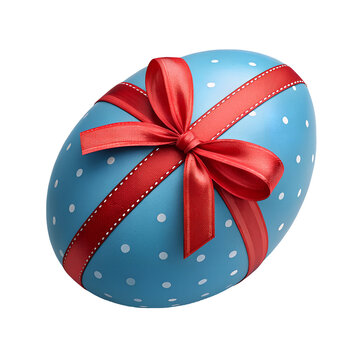 3D Blue Easter Egg with Red Ribbon Bow Isolated on White or Transparent Background &ndash; High Quality Holiday PNG Image
