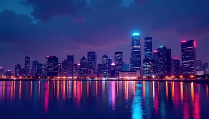 Obraz premium Cityscape at Night with Skyline and Reflections, city, textures, water