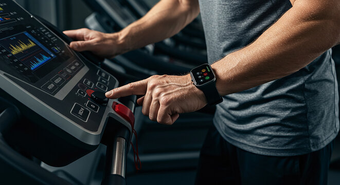 Athlete using treadmill and wearing smart watch in gym