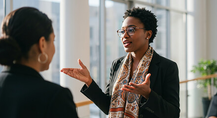 Businesswoman gesturing while explaining something to colleague in office