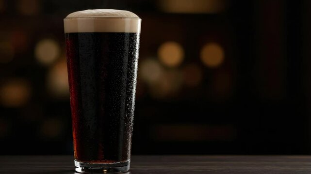 Pint of Dark Beer in a Pub Setting - A tall glass of dark beer with a creamy head sits on a dark wooden bar top. The background is blurred, showing the warm, inviting atmosphere of a pub or bar.