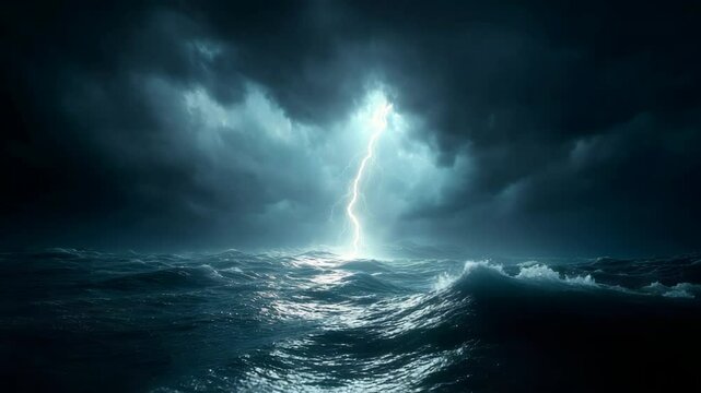 Dramatic ocean scene with a powerful lightning strike illuminating crashing waves under dark and stormy clouds